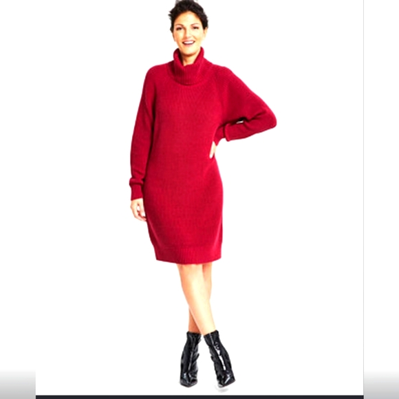INC WOMEN'S RED SPARKLE COLD SHOULDER TURTLENECK SWEATER DRESS SIZE LARGE NWT - Picture 1 of 15